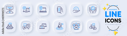 Outsource work, Teamwork and Info app line icons for web app. Pack of Employee hand, Online access, Safe time pictogram icons. Computer fingerprint, Leadership, Employees talk signs. Vector
