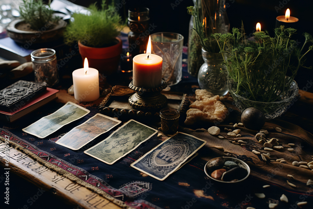 Tarot cards are spread out for a reading on a cloth surface