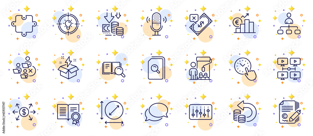 Outline set of Microphone, Creative idea and Remove team line icons for web app. Include Cash back, Deflation, Dj controller pictogram icons. Time management, Idea, Dollar exchange signs. Vector Outline set of Microphone, Creative idea and Remove team line icons for web app. Include Cash back, Deflation, Dj controller pictogram icons. Time management, Idea, Dollar exchange signs. Vector