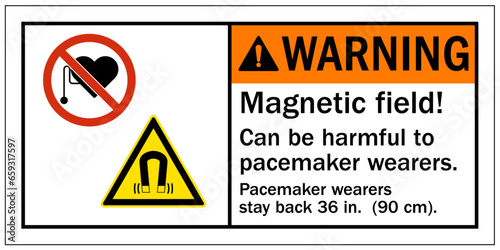 Pacemaker and magnetic hazard warning sign and labels magnetic field can be harmful to pacemaker wearer