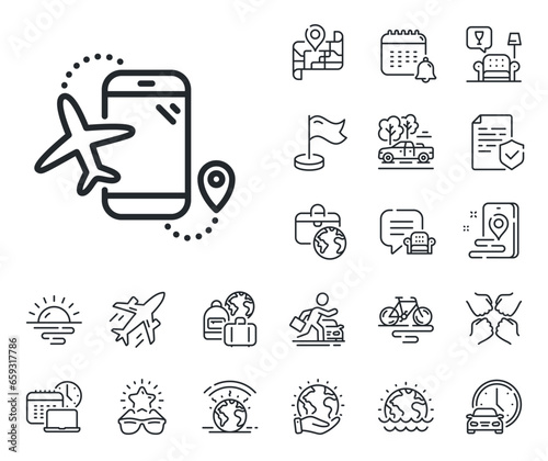 Airplane phone app sign. Plane jet, travel map and baggage claim outline icons. Flights application line icon. Airport information symbol. Flights application line sign. Vector