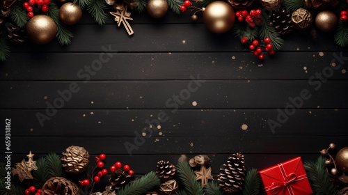 Christmas background with dark, moody and festive Christmas season elements. Elegant winter ornaments, pine cones, and snowflakes, creating a magical holiday atmosphere. Gifts and pine needles. photo