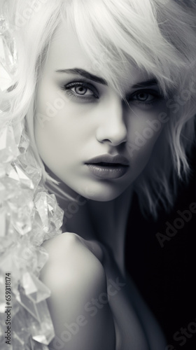 Black and white portrait of a beautiful young winter woman close up