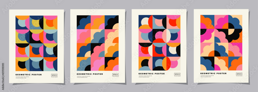 Set of Retro geometric pattern background. Creative covers or posters concept in modern bauhaus flower for corporate identity, branding and social media advertising.