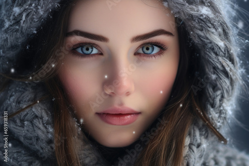Portrait of a beautiful young winter woman close up