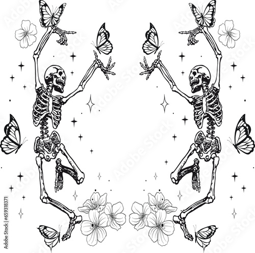 Cute skeleton butterfly Funny cute skeleton Skeleton with butterfly wings Sassy skeleton Hand drawn palmistry with hand and zodiac signs concept illustration Skeleton Dancing