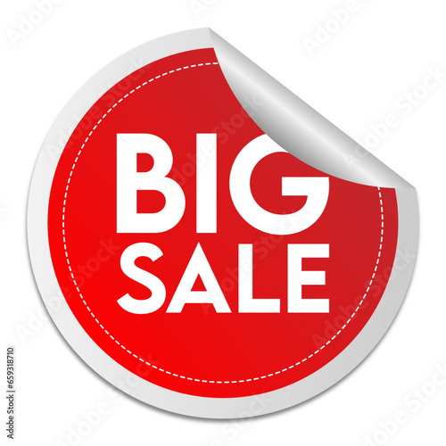 Red big sale round sticker label fold over with shadow.
