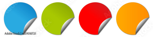 Round sticker label fold over set. Mockup realistic paper round stickers blue, green, red and yellow colors with curved corner and shadow.
