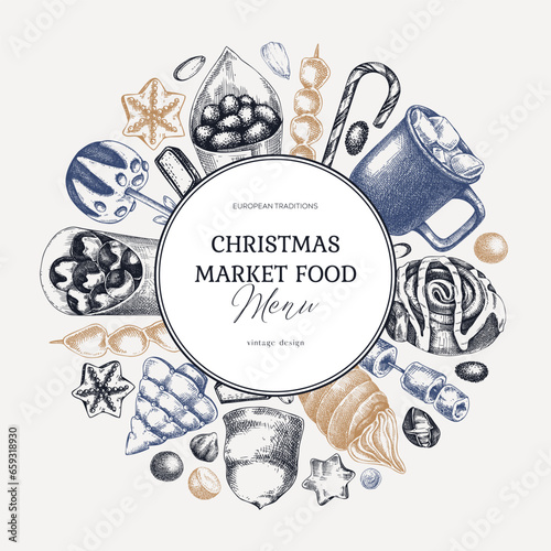 Christmas food background. Christmas market design template. Holiday menu wreath. Sweet food, pastries, candies and hot drink sketches. Hand drawn vector illustration.
