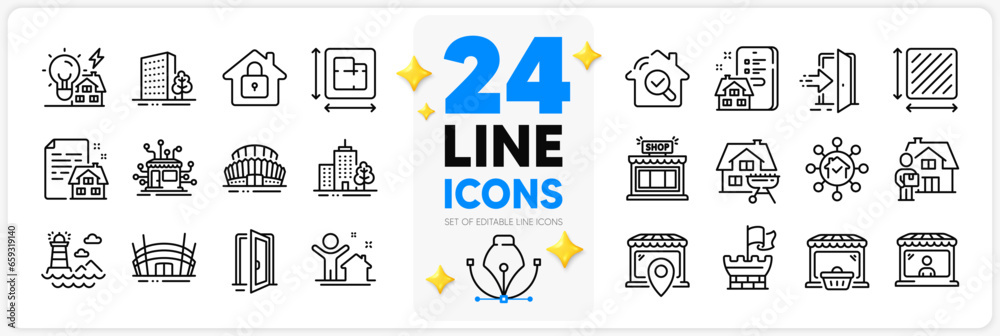 Icons set of Market seller, Inspect and Buildings line icons pack for app with Skyscraper buildings, Delivery man, Floor plan thin outline icon. Building energy, Lighthouse, Shop pictogram. Vector