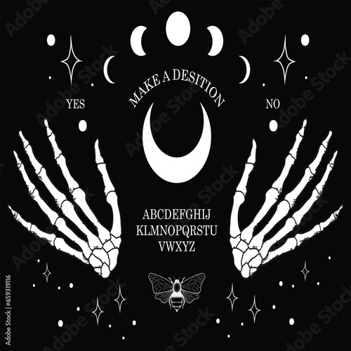 hand drawn vector illustration of a skull night sky with moon and stars. frame for sample text. magic, occult symbols.  esoteric illustration