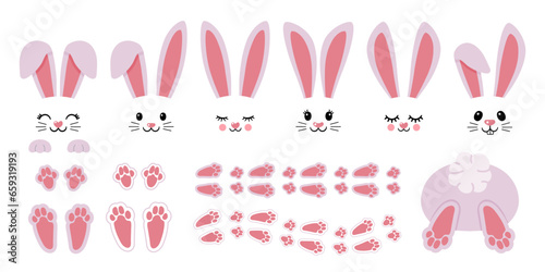 Cartoon bunny elements. Cute bunny footprint trail, paws, ears and faces. Funny bunnies head and muzzle. Decorative element for Easter. Printable stickers scrapbooking. Vector set