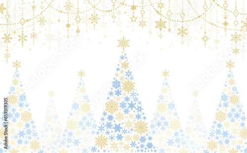 雪の結晶クリスマスツリー_青金・背景透過_横3