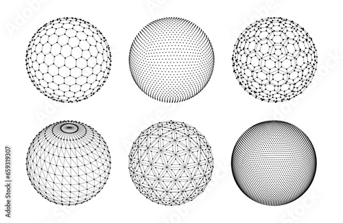3d sphere mesh. Globe, planet with dots and lines, ball polygon grids. Futuristic technology digital structure wireframe. Abstract sci-fi vector set