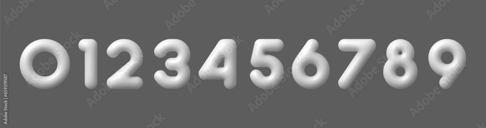3d white numbers. Realistic gray plastic bubble digits, inflated mathematic 10 number from 0 to 9 for banner cover birthday anniversary isolated vector set - obrazy, fototapety, plakaty 