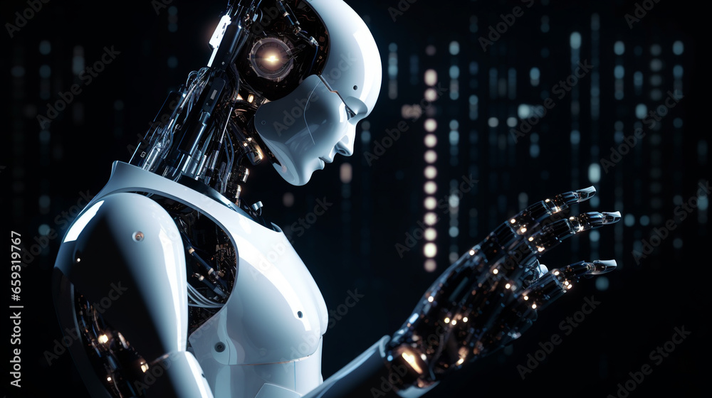 Fototapeta premium Artificial intelligence concept with a humanoid robot interacting with humans