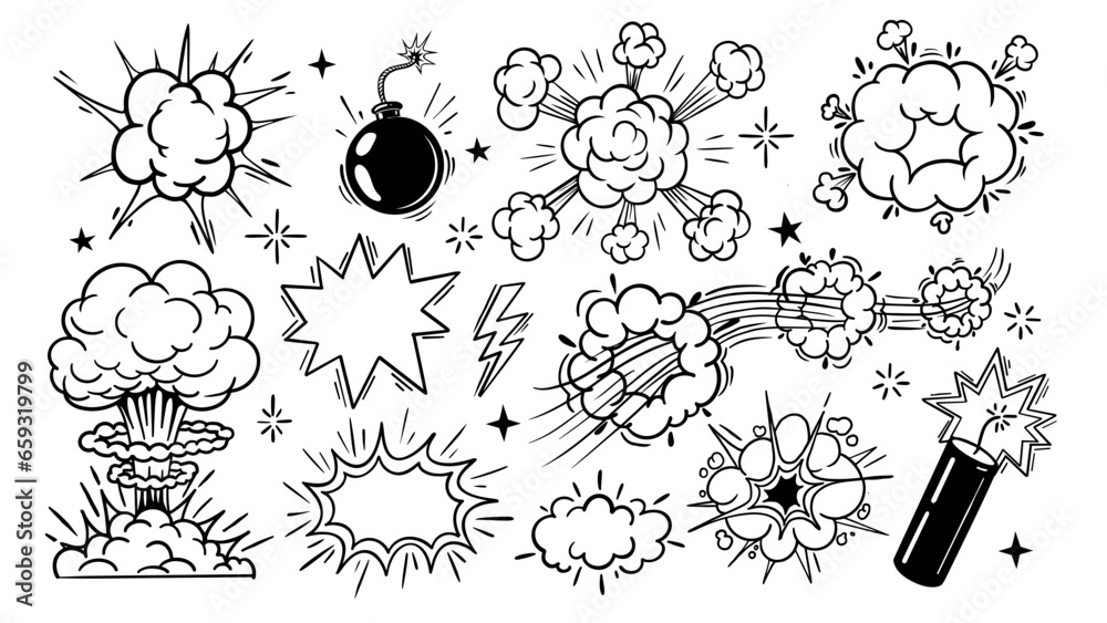 Comic cartoon line bomb explosion. Doodle fight boom and bang effects, black pop drawn explosive elements, explose clouds, sketch shapes. Vector set - obrazy, fototapety, plakaty 