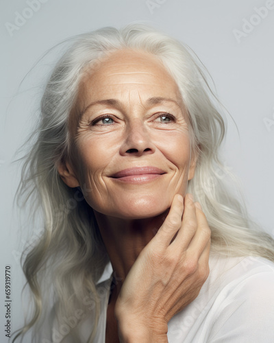 expressive portrait of a naturel mature woman with white hair and blue eyes, beautiful woman model assumes her femininity in silver age, face turned to the future