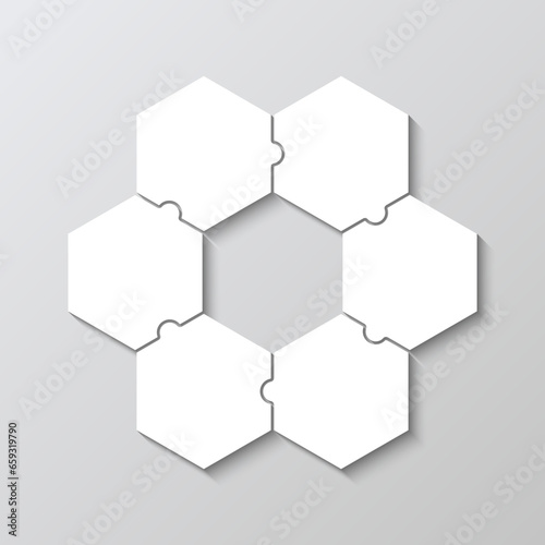 Jigsaw puzzle business presentation infographic. Puzzle hexagonal grid. Hexagon info graphic with 6 pieces, steps, parts of process diagram. Business presentation for infographics. Vector illustration
