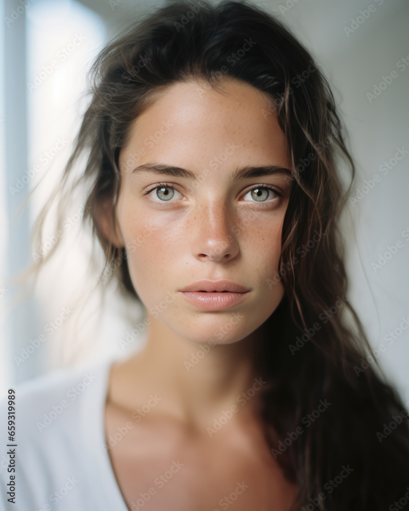 intense portrait of a young woman with flowing brun hair and a white shirt, natural model looking at camera with light green eyes intense portrait of a young woman with flowing brun hair and a white shirt, natural model looking at camera with light green eyes
