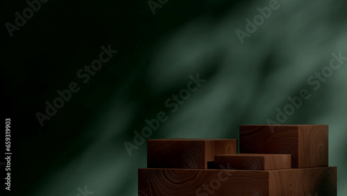 Fototapeta Naklejka Na Ścianę i Meble -  blank mockup wooden block podium in landscape dark green color wall, 3d image render

