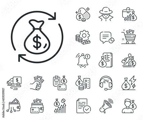 Currency exchange sign. Cash money, loan and mortgage outline icons. Change money line icon. Transfer payment symbol. Change money line sign. Credit card, crypto wallet icon. Vector