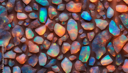 Abstract opal gemstone background. Rainbow colorful fire opals. Closeup luxury crystal texture wallpaper