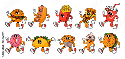 Retro cartoon fast food. Vintage 60s food mascot characters. Groovy 70s stickers in trendy style. Comic soda, crazy burger, psychedelic hot dog, cute pizza face. Vector set