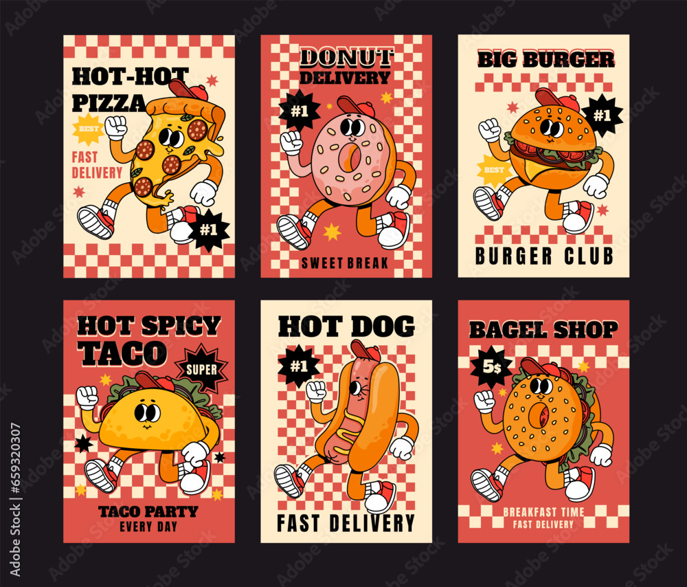 Cartoon fast food poster. Retro cards with mascot food characters. Brochure design with quote text for cafe. Banner with funky pizza, groovy donut and burger vector set