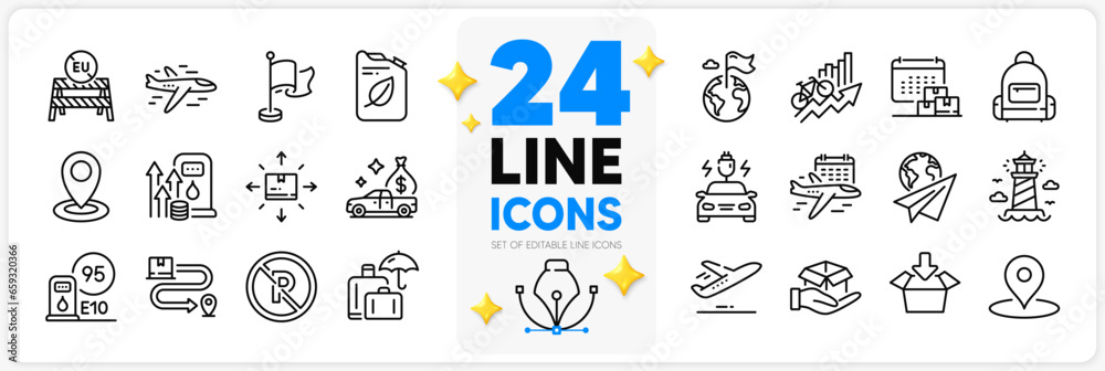 Icons set of Fuel price, Delivery calendar and Petrol station line icons pack for app with Destination flag, Training results, Airplane thin outline icon. Backpack, Delivery service. Vector