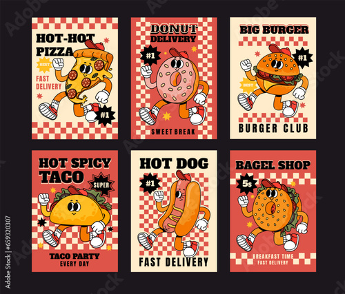 Cartoon fast food poster. Retro cards with mascot food characters. Brochure design with quote text for cafe. Banner with funky pizza, groovy donut and burger vector set