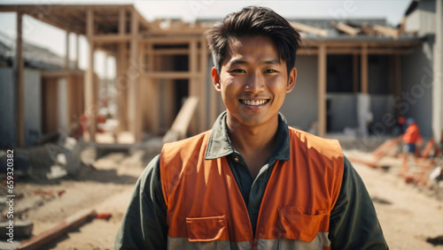 Giovane operaio edile di origini asiatiche sorridente in un cantiere photo