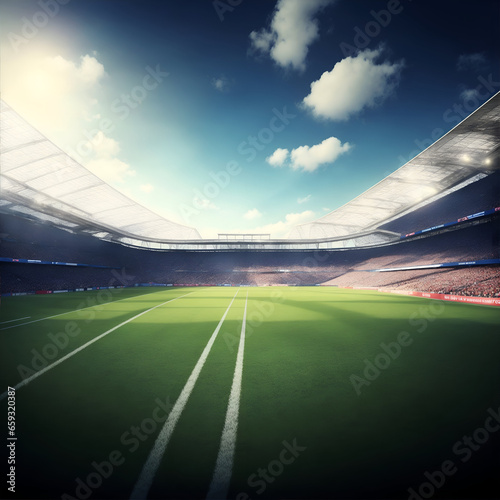 Soccer field with illumination, green grass, and cloudy sky, background for design or advertising 