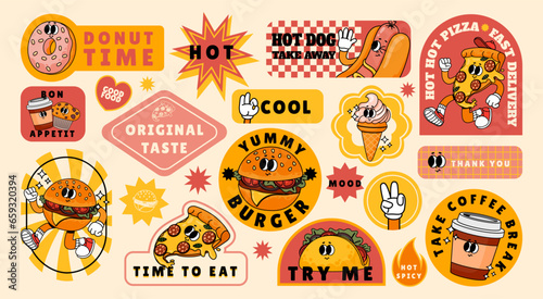 Cartoon fast food stickers. Retro comic cards and label with hot dog, ice cream and drinks. Trendy mascot food characters. Design elements for food restaurant vector set