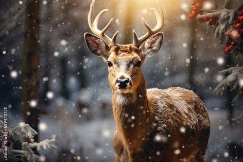A deer in the winter forest close-up. Symbol of New Year holidays