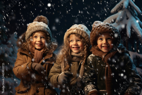 cute little kids in winter outfit fascinated looking at snowfall. Winter lifestyle, first snow.