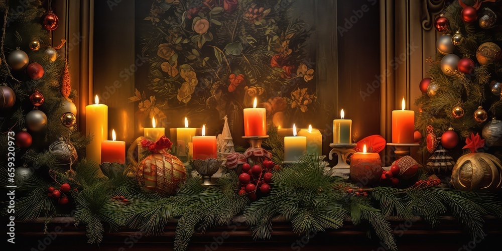 Decoration of table with candles and decorations Christmas tree light. Decoration of table with candles and decorations Christmas tree light.