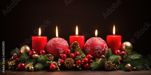 Decoration of table with candles and decorations Christmas tree light. © Nattadesh