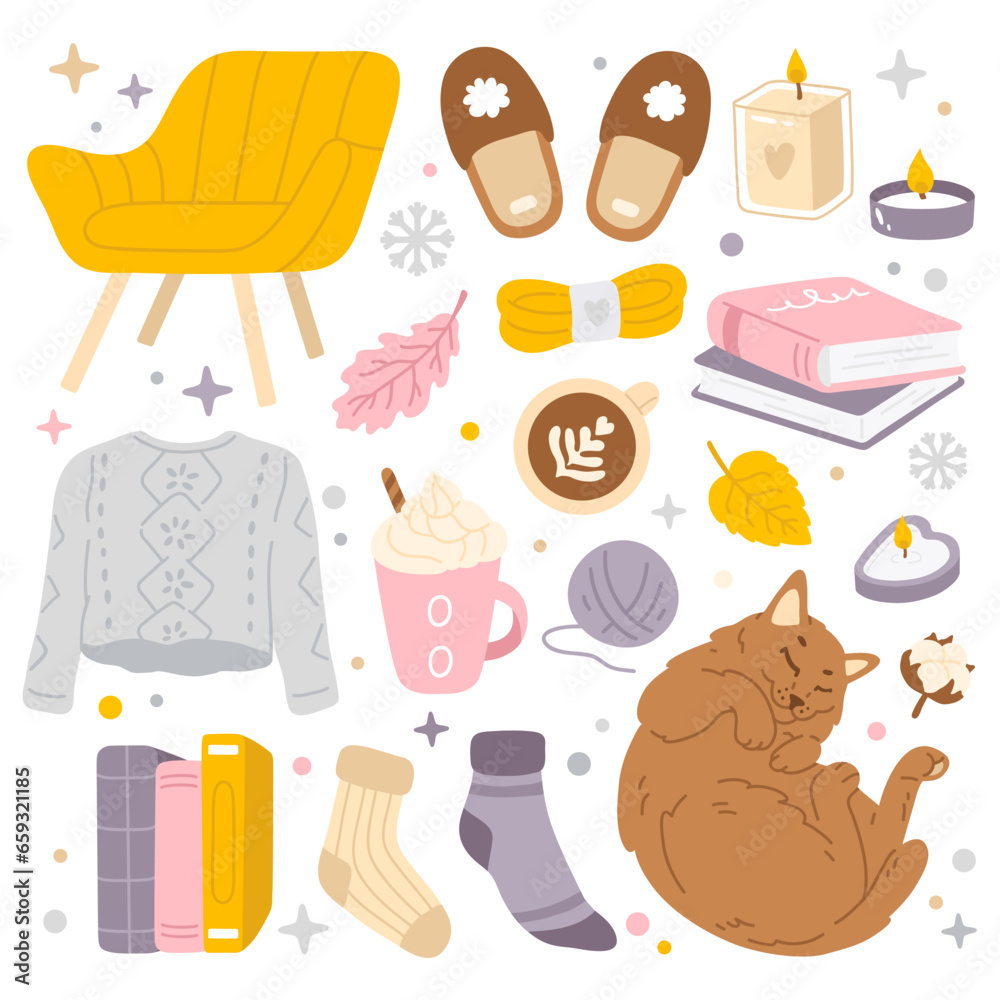 Vector illustration set of cute doodle hygge icons for digital stamp,greeting card,sticker,icon,design