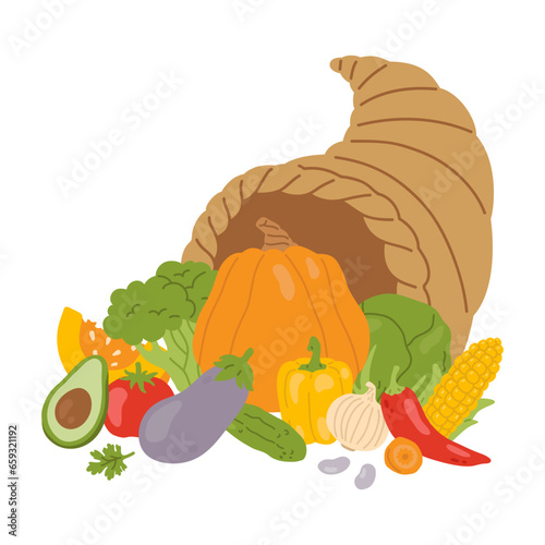  vector cartoon  vegetables in cornucopia horn of plenty
