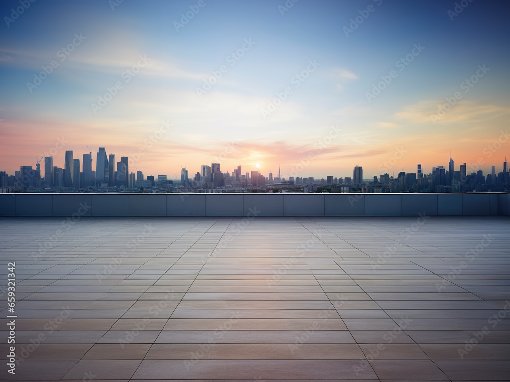 Perspective view of empty floor and modern rooftop building with cityscape scene