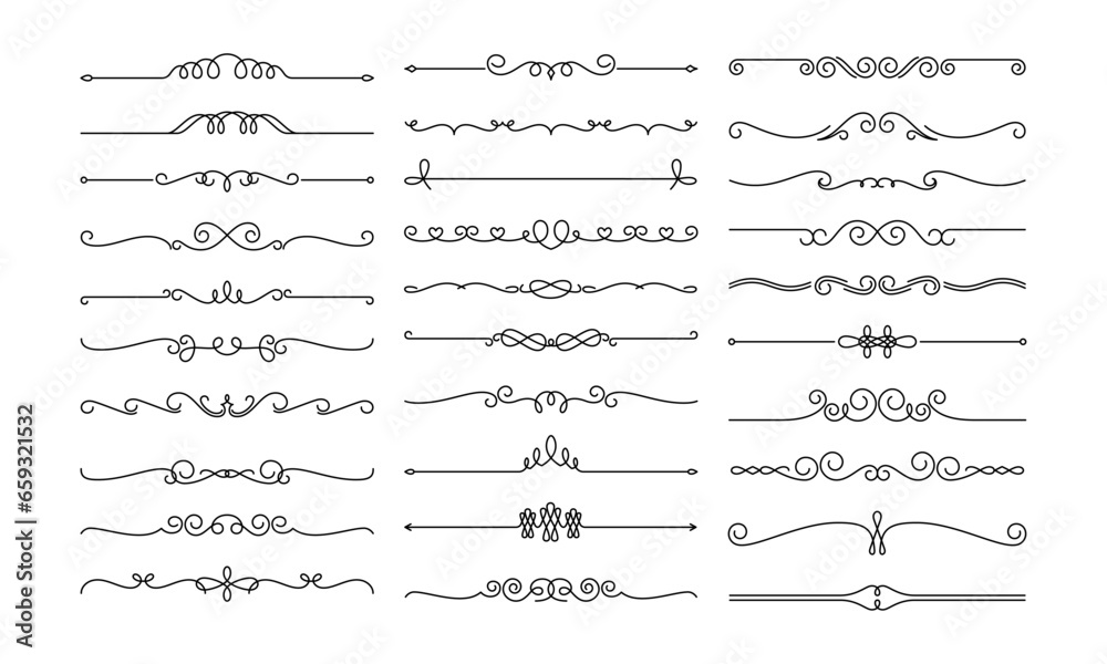 Line dividers. Decorative swirl text separators, vintage divider. Victorian flourishes line calligraphic swirly filigree decoration editable stroke vector set