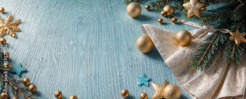 Christmas banner. Winter stars and gold bubbles with copy space, advertising space for businesses during winter and Christmas, Merry Christmas web header with wooden background,