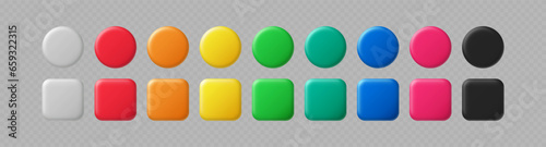 3D color button. Square and circle glossy colorful web ui buttons, red and green, black and white, blue and yellow user interface vector elements