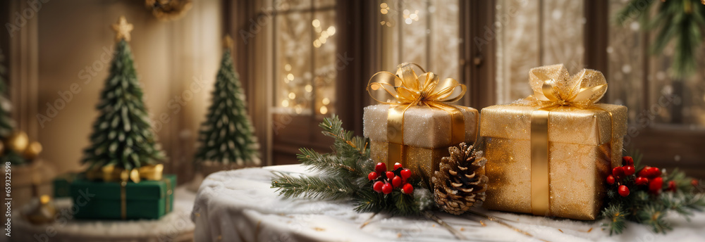 Christmas scenery, elegant gifts wrapped in decorative gold paper on the marble table, Christmas decorations and baubles, Christmas tree in the background, website header, background with copy space,