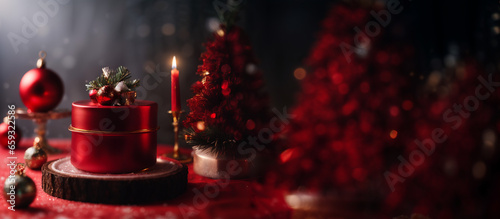 Christmas gift placed on a red pedestal, Product background with a red plinth, advertisement for buisnes during the winter season, Website header with copy space, photo