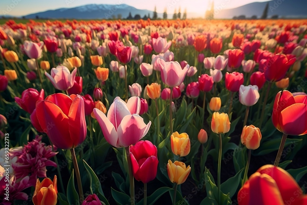 Field of Colorful Tulips during Sunset