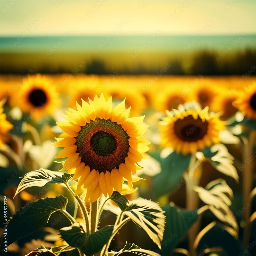 Obraz premium Field of Sunflowers at Sunset 