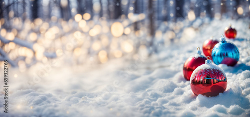 Colorful Christmas baubles resting on the snow  with Christmas trees  falling snow  and frost in the background. Copy space  winter website header  advertising space during the holiday season 