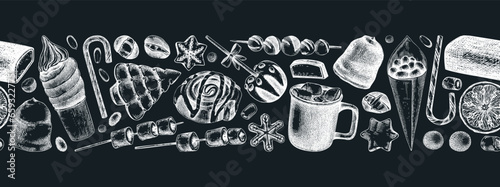 Christmas food background. Christmas market design template. Hand-drawn vector illustration. Hot drinks, candies, cookies, pastries sketches. Winter holiday menu border on chalkboard. Seamless pattern